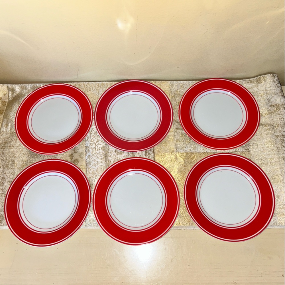 Fitz and Floyd Rondelet Rouge Red & White Bread & Butter 6.5” Plates SET = 6